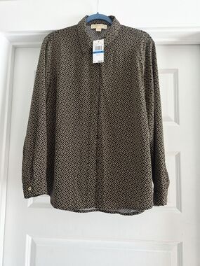 Michael Kors Brown and Black Geometric Button-Down Shirt